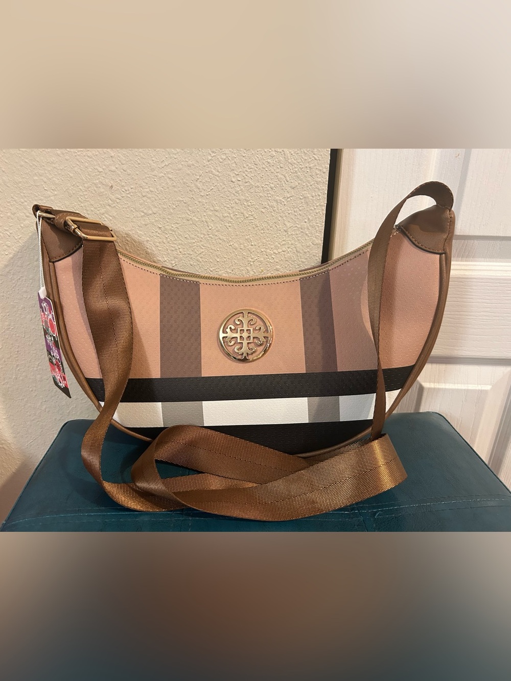 Striped Crossbody Bag in Beige and Brown -